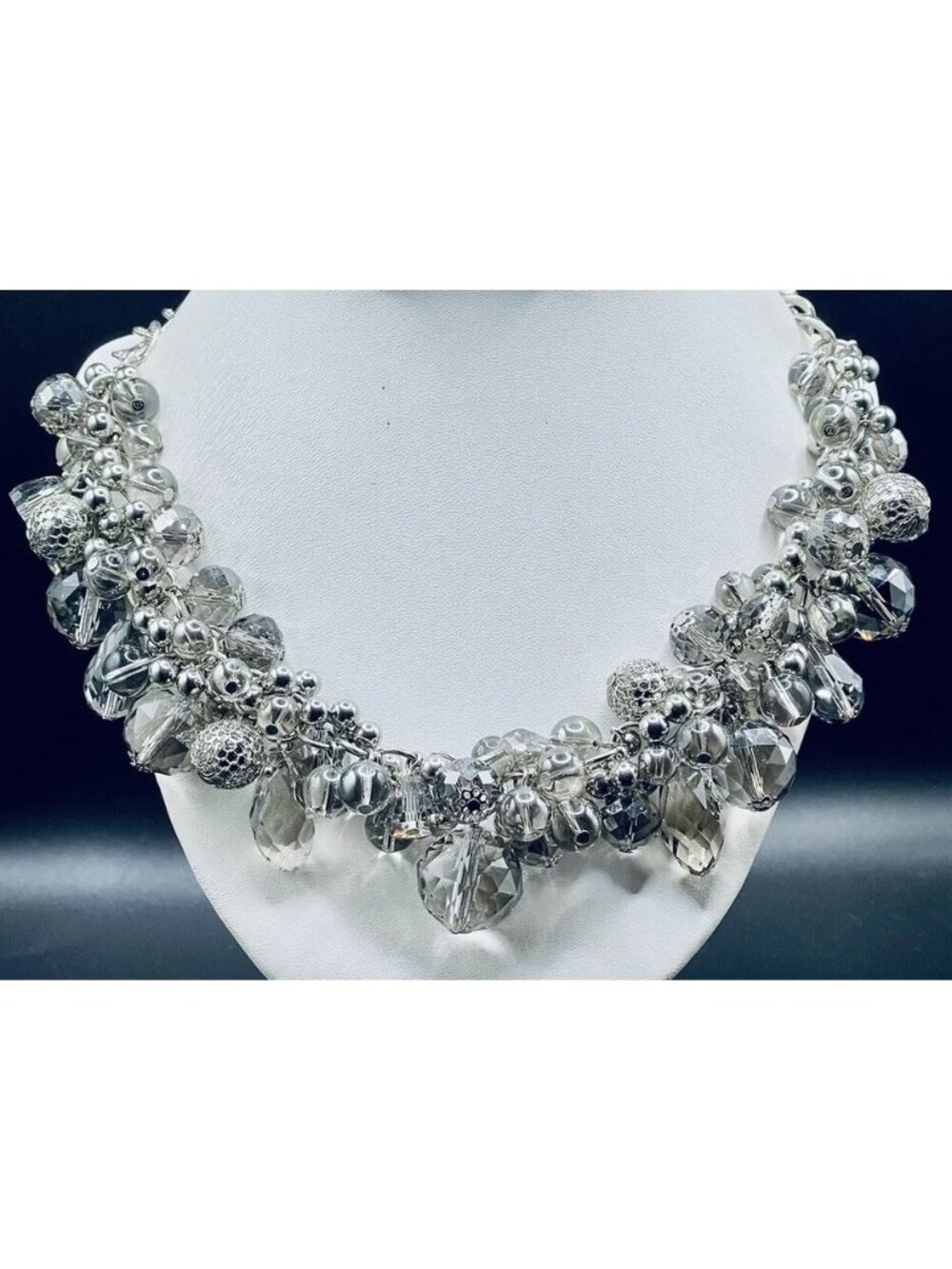 Vintage Silver Clear Crystal Ball Clusters 20” Silver-tone Necklace EUC Gorgeous